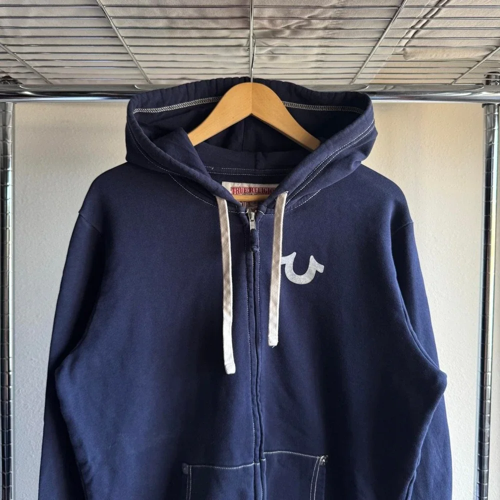 True Religion Navy Zip Up Hoodie World Tour Buddha Graphic XL Contrast Stitching